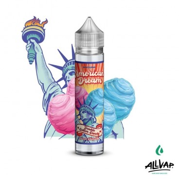 Flacon de e-liquide DOUBLE COTTON CANDY d’American Dream, saveur barbe à papa, 50ml, 40PG/60VG, made in France.