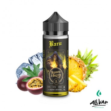 Flacon de liquide pour cigarette électronique BARU - saveurs ananas, passion et frais, 100ml, sans nicotine, Arômes et Secrets.