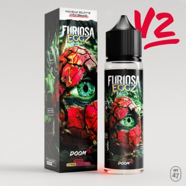 Eliquide DOOM V2 de Furiosa Eggz, saveur fraise, groseille et citron jaune, 50PG/50VG.